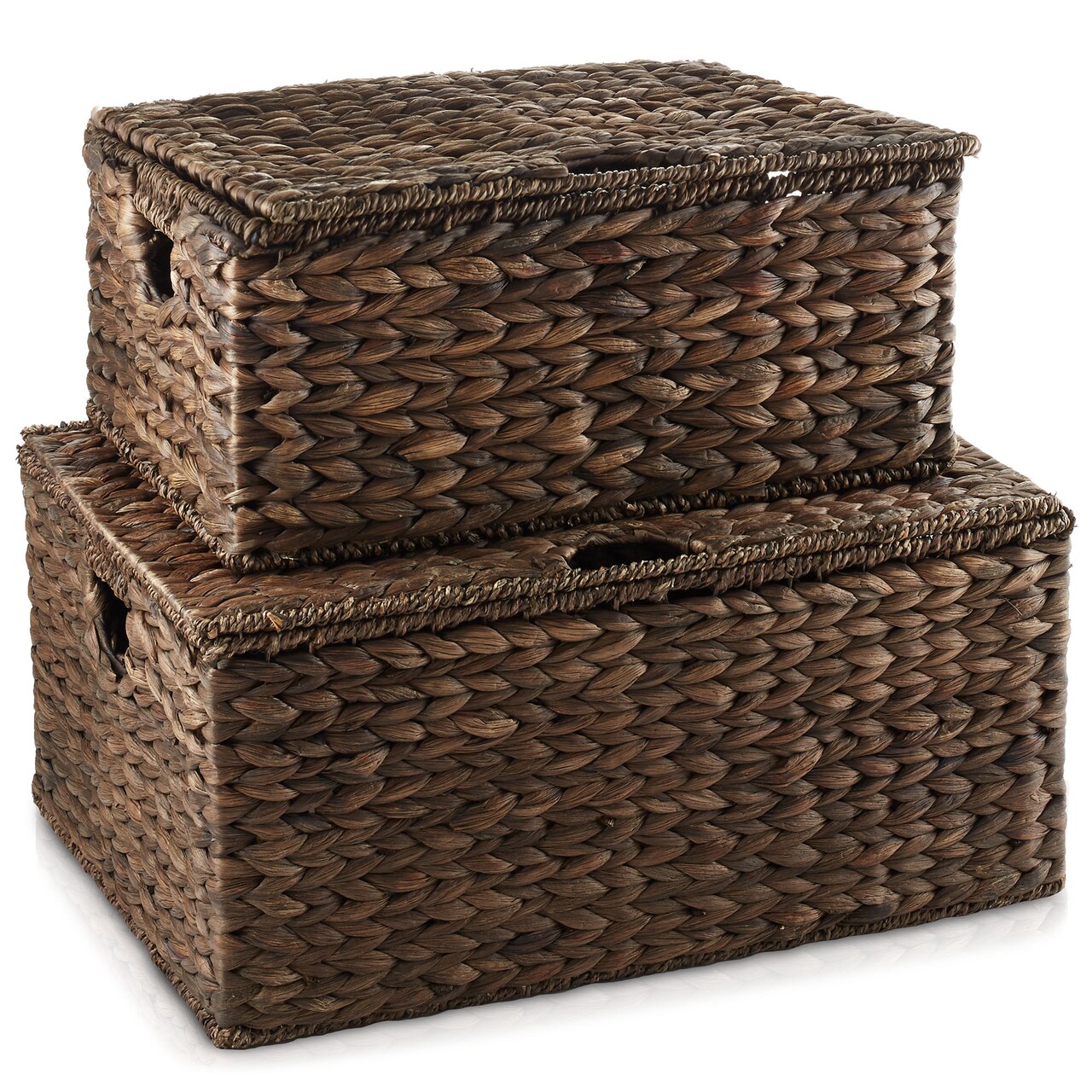 Casafield Water Hyacinth Rectangular Storage Baskets with Lids, Multipurpose Shelf Organization Totes for Bedroom, Bathroom, Laundry, Home Office